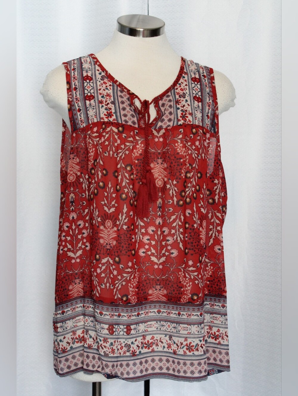 Knox Rose Red Filigree Print Sheer Blouse – Sleeveless – Large